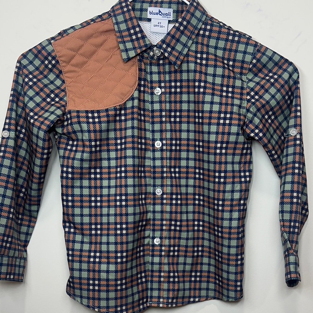 Blue Quail Clothing Co boys shoulder patch shirt UPF50+ performance fishing 4T